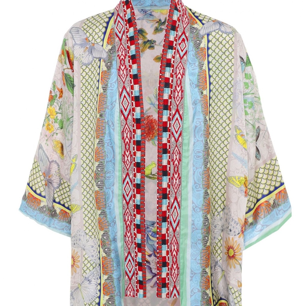 Johnny Was Claret silk reversible embellished kimono jacket button close